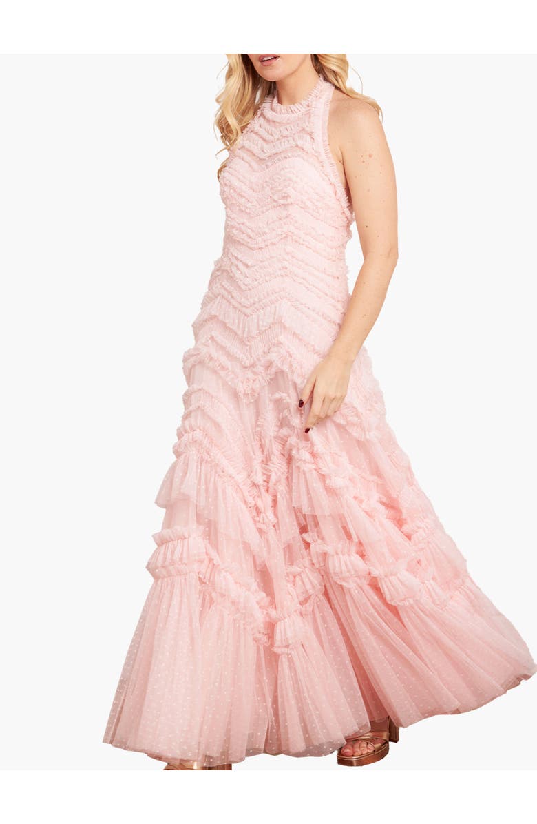 Needle & Thread Elia Halter Neck Ruffle Tulle Maxi Gown, Main, color, Seashell