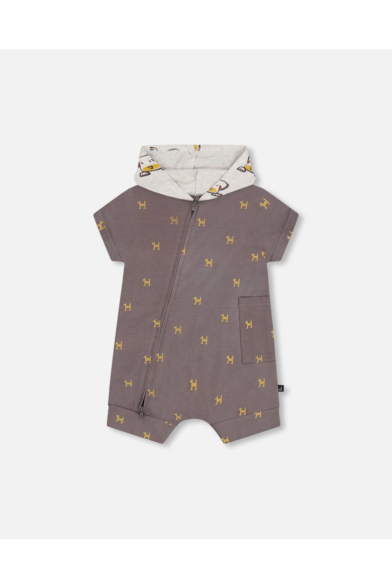 Baby Boy's Organic Cotton Hooded Romper Dark Grey With Printed Pixel Dog, Main, color, Dark Grey With Printed Dog