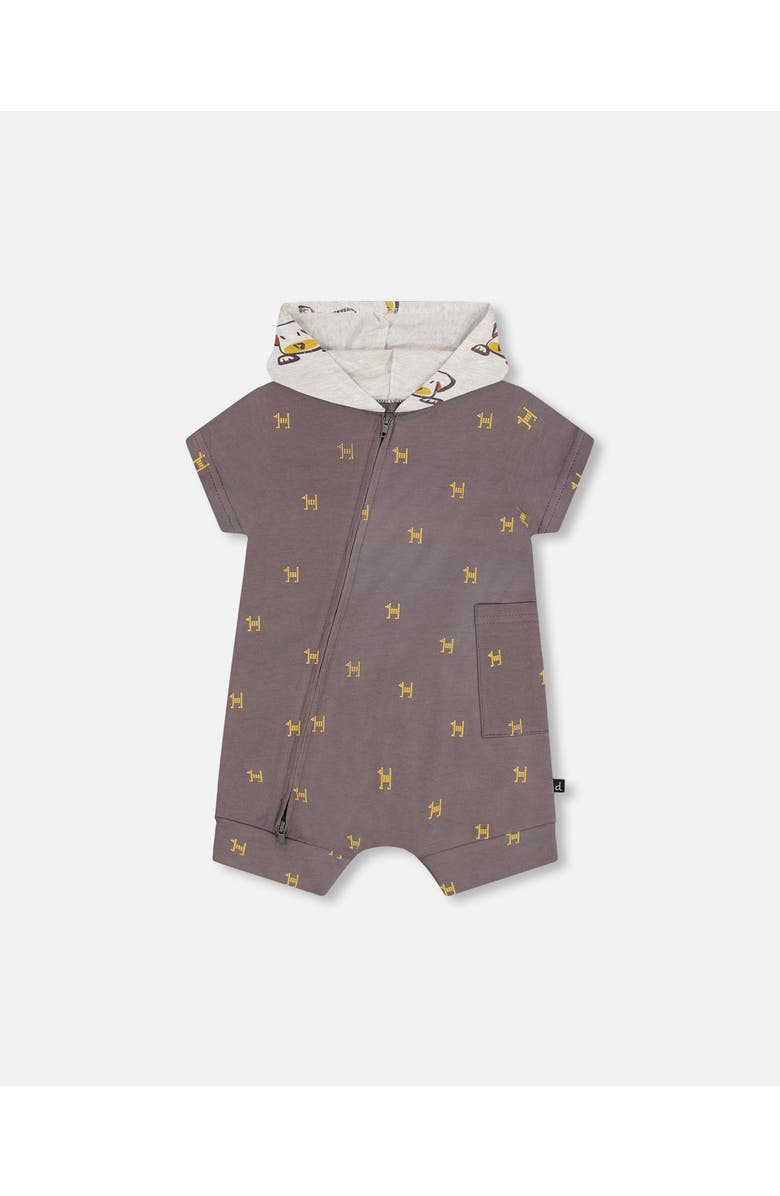 Deux par Deux Baby Boy's Organic Cotton Hooded Romper Dark Grey With Printed Pixel Dog, Main, color, 
