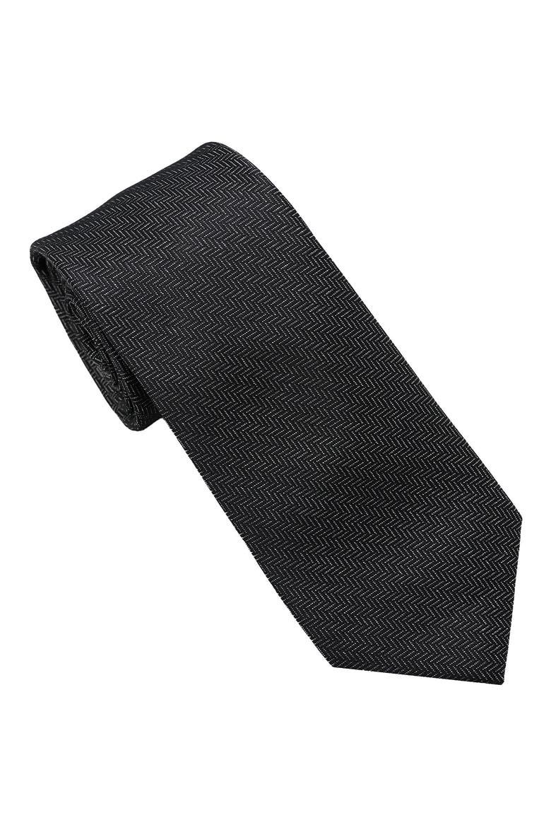 Herringbone Print Tie, Main, color, BLACK/SILVER