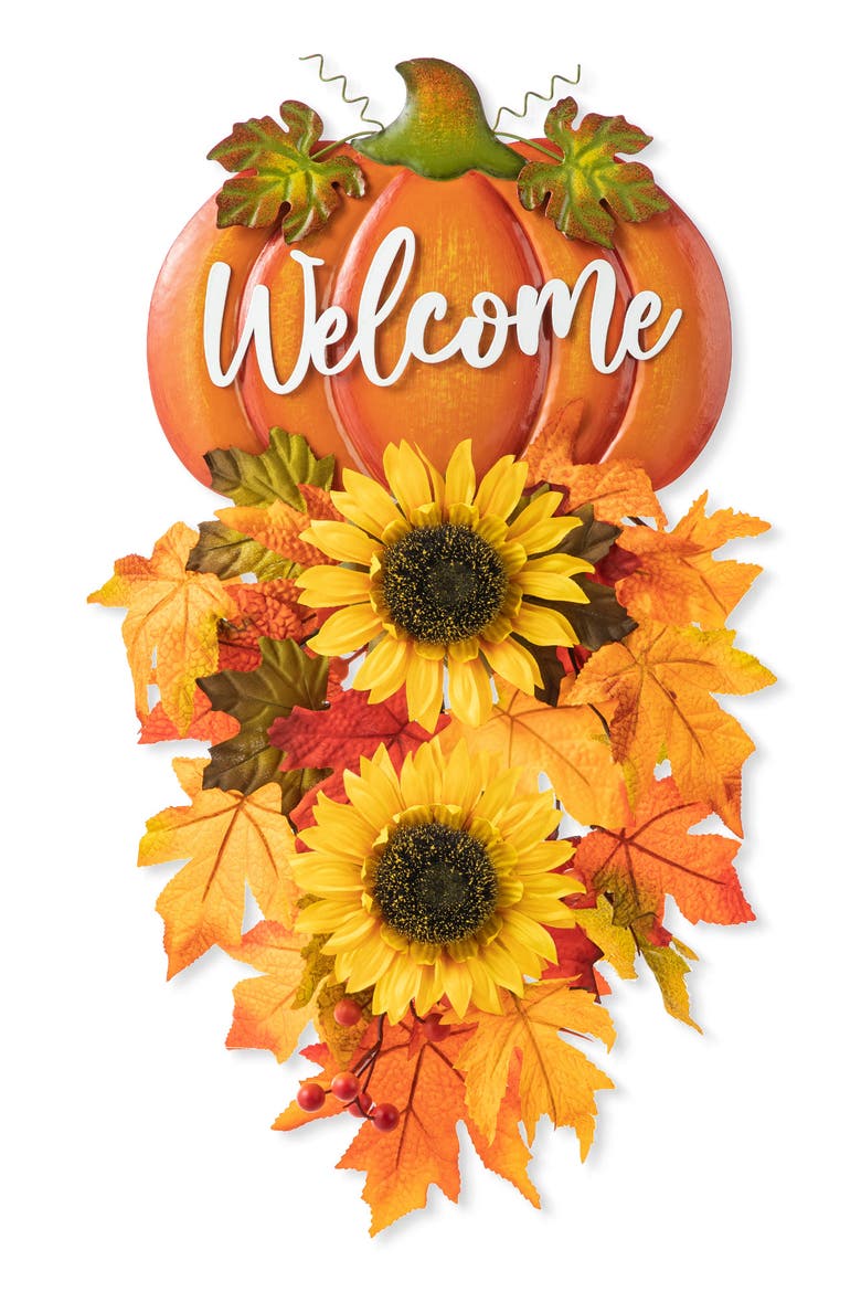Fall Metal Pumpkin & Sunflower Swag Wall Decor, Main, color, Orange