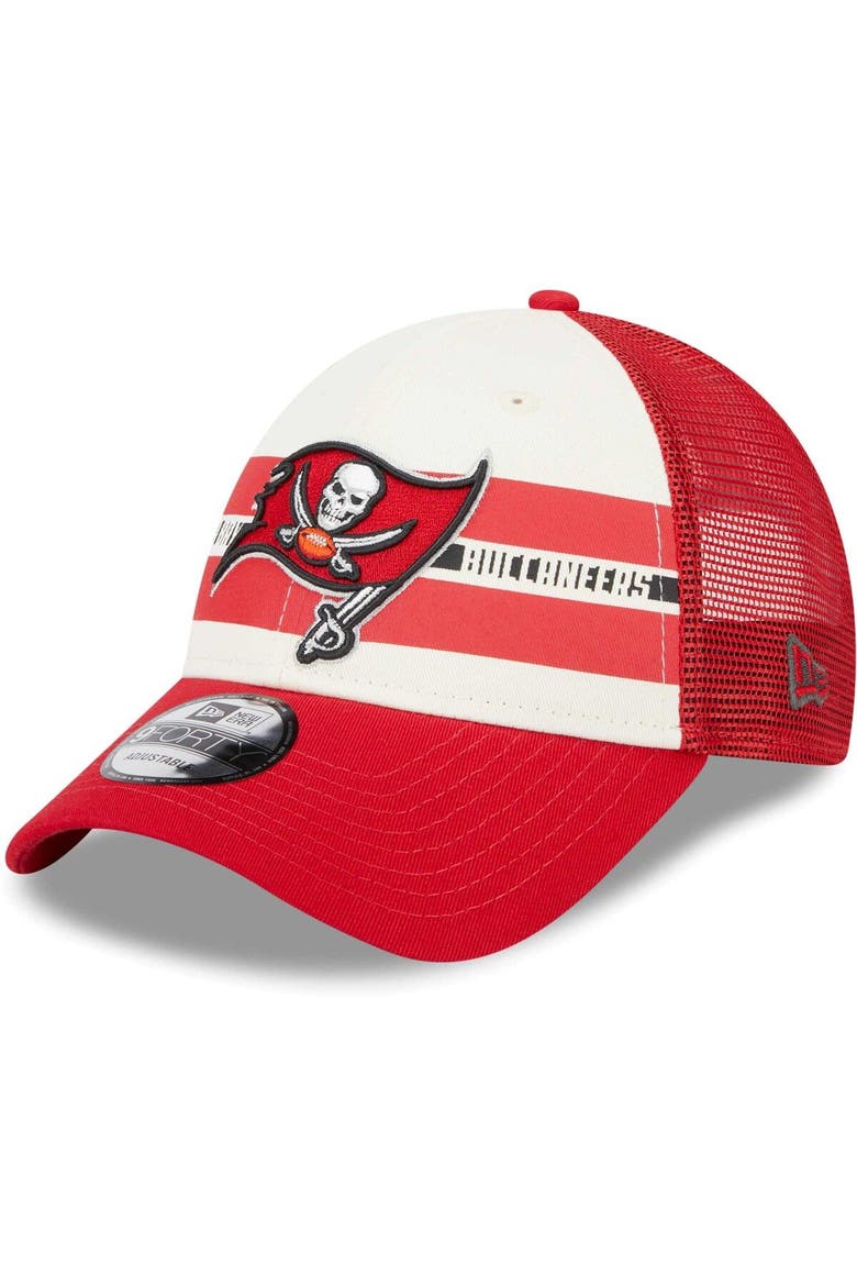 Men's New Era Cream/Red Tampa Bay Buccaneers Team Stripe Trucker 9FORTY Snapback Hat, Main, color, Cream