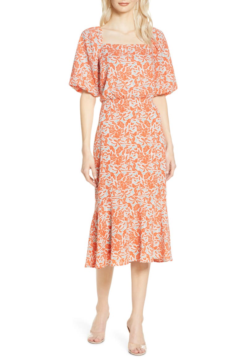 Floral Print Blouson Midi Dress, Main, color, ORANGE- BLUE FLORAL PRINT