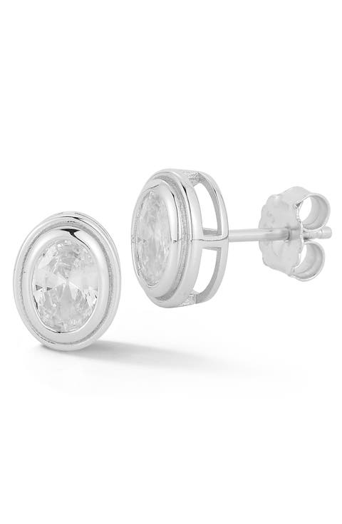 Cubic Zirconia Bezel Set Oval Stud Earrings