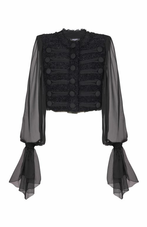 Balmain Edge-to-edge Tweed And Chiffon Jacket In Black