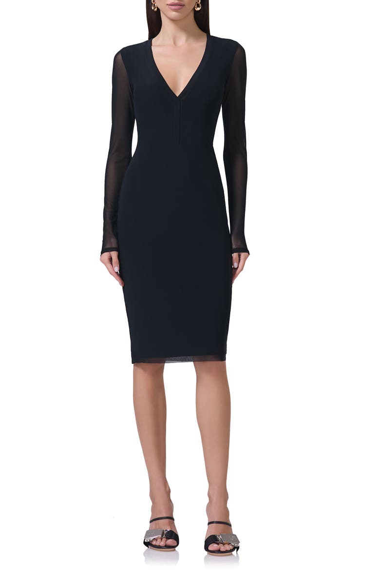 Diane Plunge Long Sleeve Mesh Dress, Main, color, NOIR