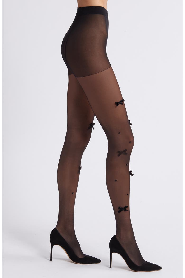Nevermore Peek Bow Embellished Sheer Tights, Alternate, color, BLACK