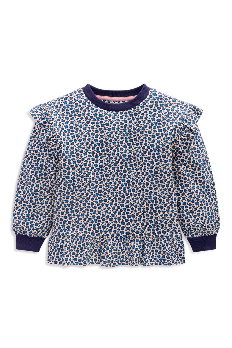 Kids' Leopard Print Frill Sweatshirt, Main, color, CALICO WHITE/ BLUE LEOPARD