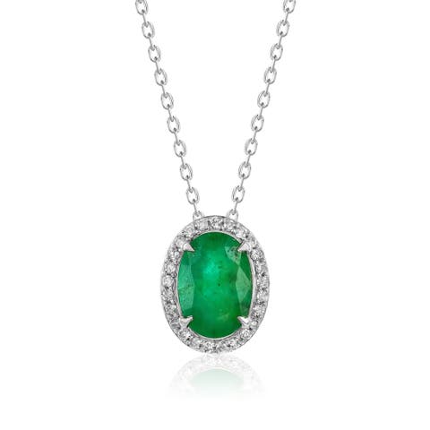 14K Gold 1.79cttw Oval-Cut Emerald & 0.15cttw Diamonds Pendant Necklace