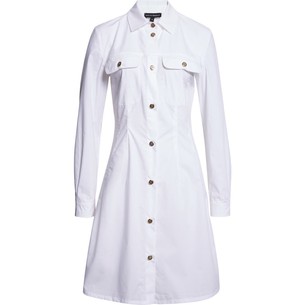 Emporio Armani Long Sleeve Cotton Poplin Button-up Shirtdress In White