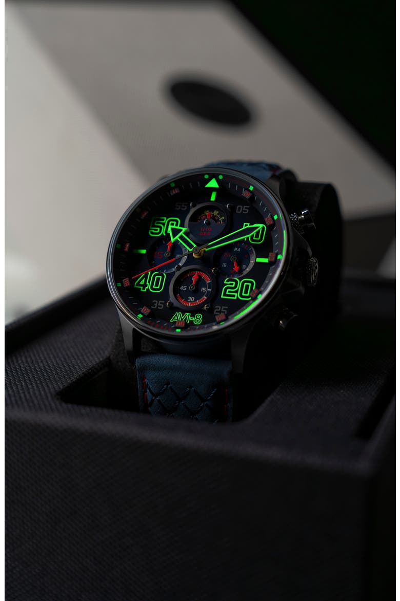 Hawker Typhoon Coningham Baldwin Chronograph Leather Strap Watch, 42mm, Alternate, color, BLUE