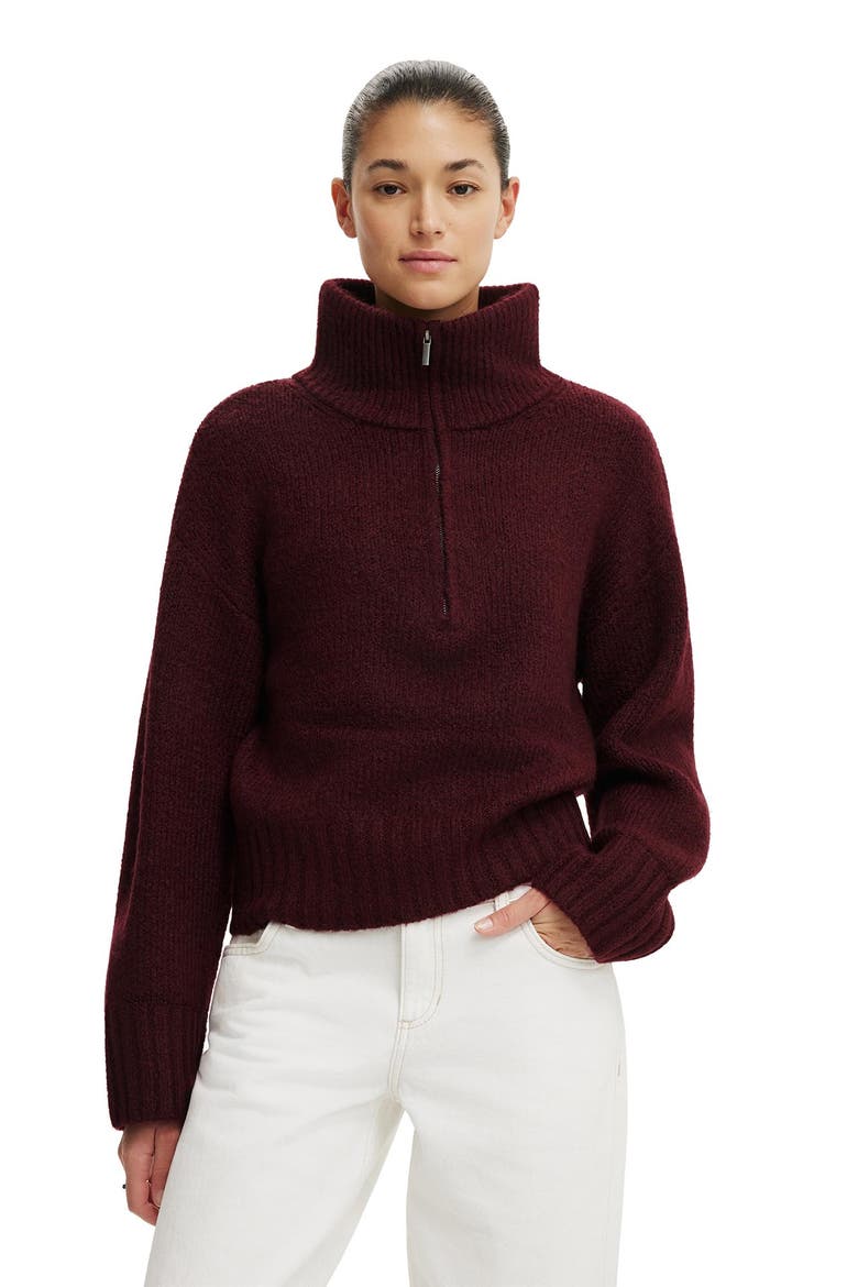 Women's Luxe Funnel Zip Pullover, Main, color, Sour Cherry Marle