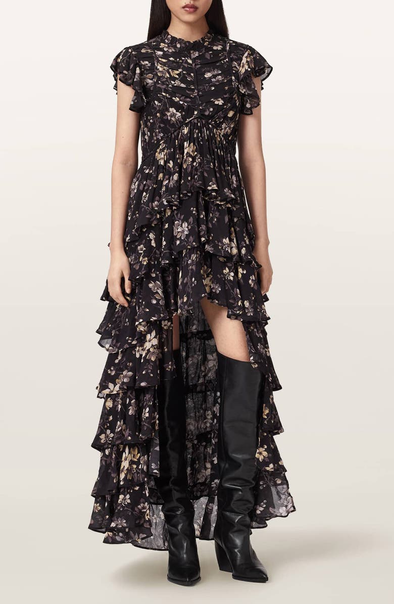 AllSaints Shaela Floral Tiered Ruffle High-Low Dress, Main, color, Vine Black