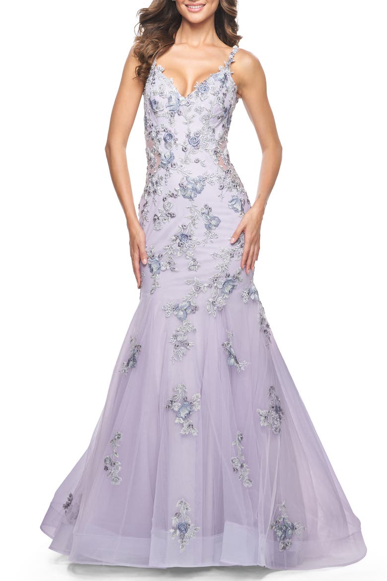 Mermaid Gown with Two Tone Lace Appliques, Alternate, color, Lavender Gray