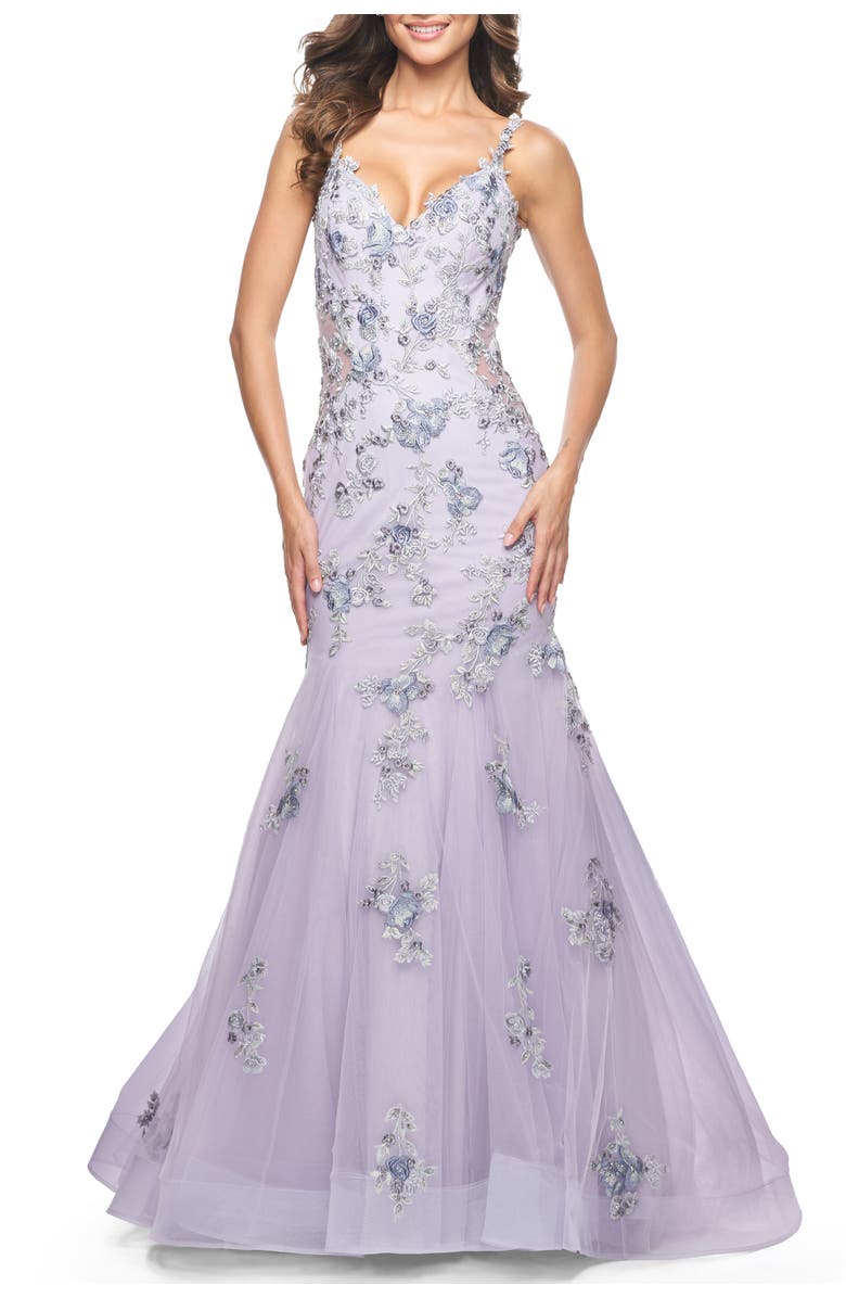 La Femme Mermaid Gown with Two Tone Lace Appliques, Alternate, color, Lavender Gray