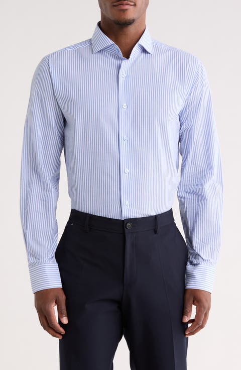 Trim Fit Striped Cotton Seersucker Dress Shirt