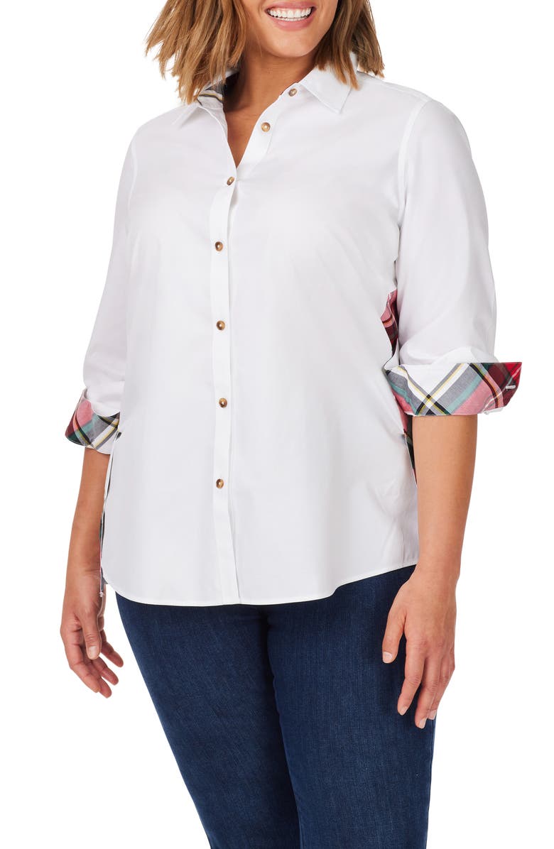 Foxcroft Bennet Plaid Trim Cotton Button-Up Shirt, Alternate, color,