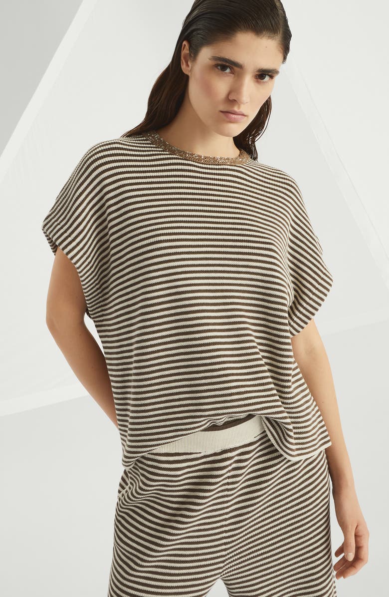 Brunello Cucinelli T-shirt with Dazzling Collar Insert, Alternate, color, 