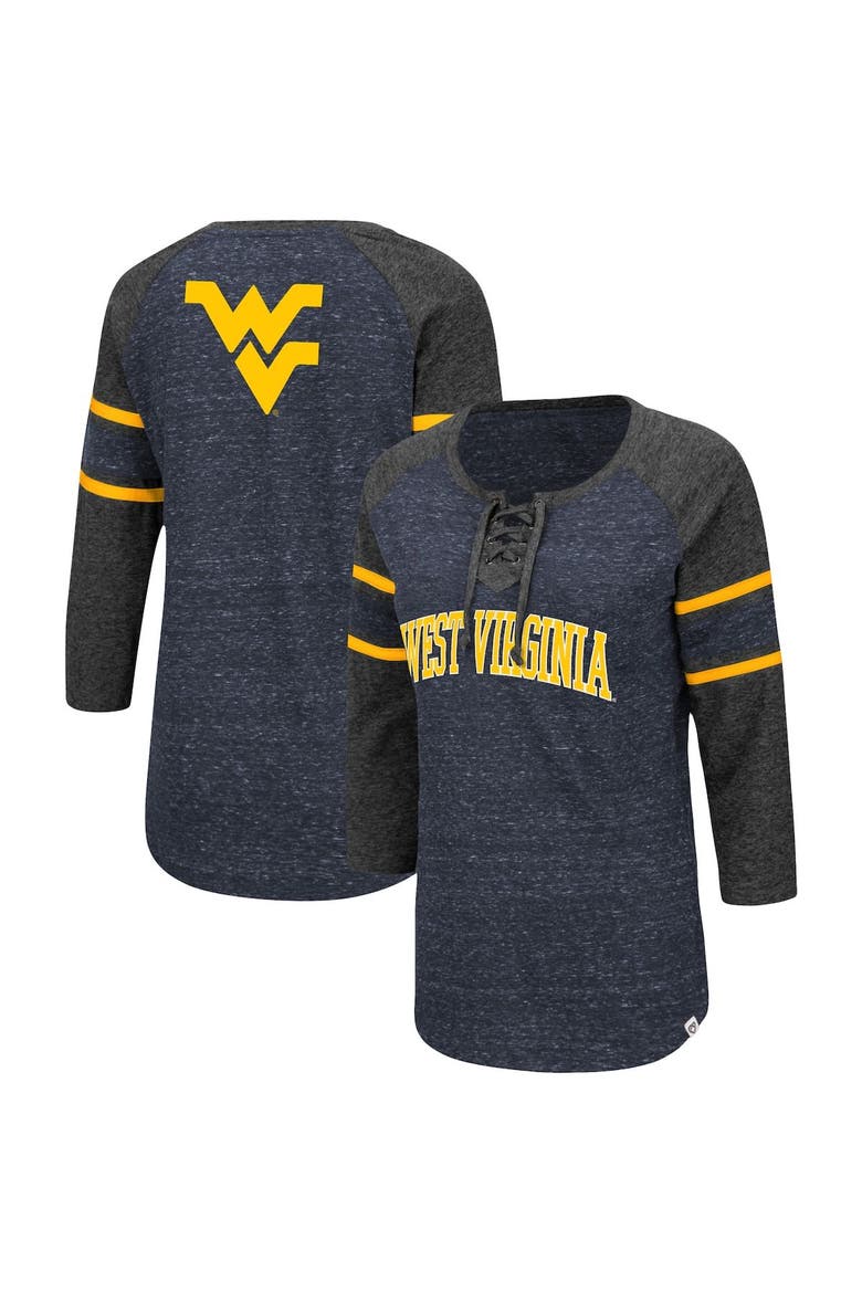 Women's Colosseum Navy/Heathered Charcoal West Virginia Mountaineers Scienta Pasadena Raglan 3/4 Sleeve Lace-Up T-Shirt, Main, color, Navy
