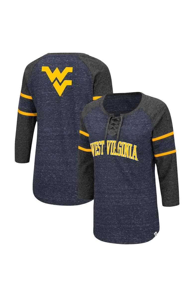 COLOSSEUM Women's Colosseum Navy/Heathered Charcoal West Virginia Mountaineers Scienta Pasadena Raglan 3/4 Sleeve Lace-Up T-Shirt, Main, color,