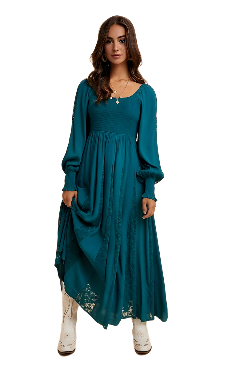 Knit and Lounge Long Sleeve Maxi Dress with Smocked Bodice and Lace Insets, Alternate, color, Teal