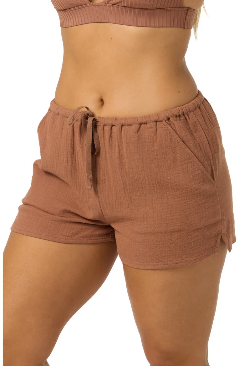 Brenda Cotton Gauze Shorts, Alternate, color, CAROB BROW