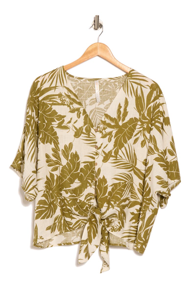 Tropical Short Sleeve Tie Front Button-Up Top, Alternate, color, OLIVE