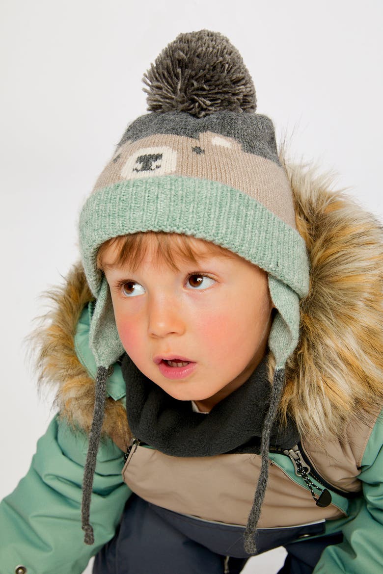 Teddy Bear Face Earflap Winter Knit Hat with Chin Ties, Alternate, color, Beige and Turquoise Teddy Bear