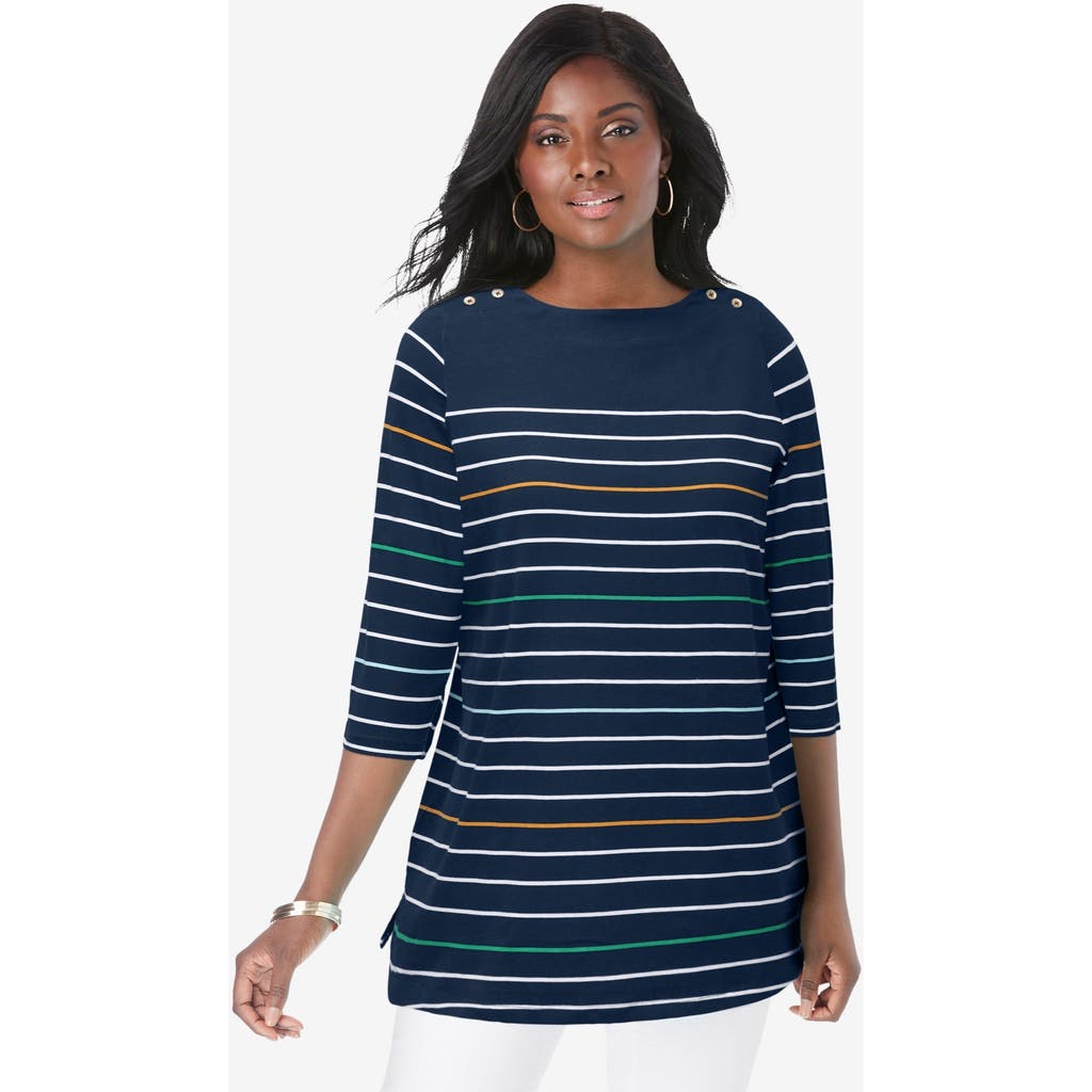 Jessica London Stretch Cotton Boatneck Tunic In Blue