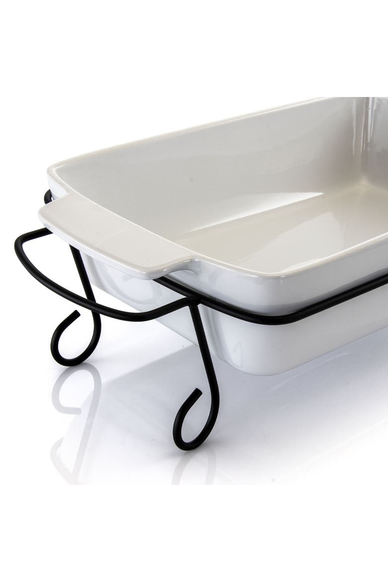 2 Piece Rectangle 15.5 Inch Stoneware Bakeware with Metal Rack, Alternate, color, White
