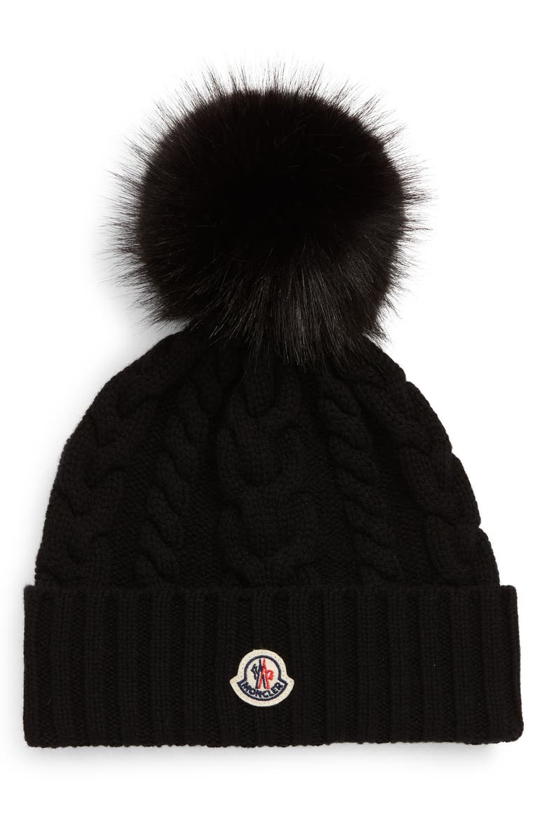 Moncler Cable Knit Wool & Cashmere Pom Beanie, Main, color, 