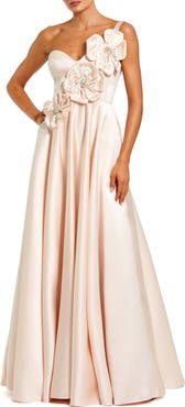 Mac Duggal Strapless Satin Bustier Gown With 3D Flowers