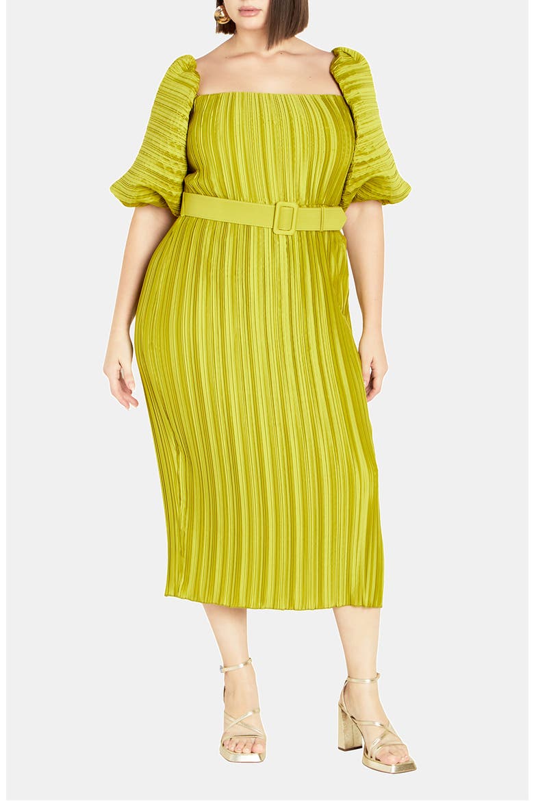 Krista Pleated Puff Sleeve Midi Dress, Main, color, CHARTREUSE