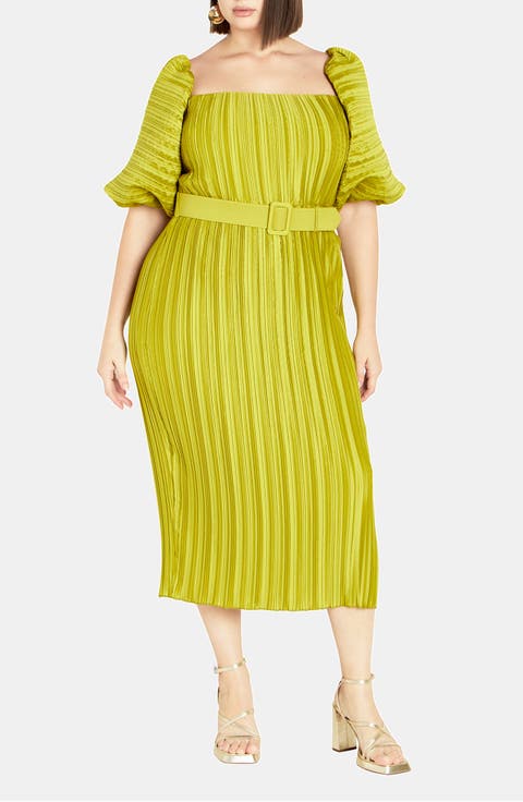 Krista Pleated Puff Sleeve Midi Dress (Plus)