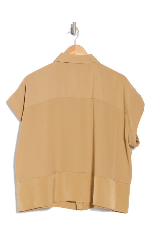 Dkny Short Sleeve Satin Button-up Shirt In Brown