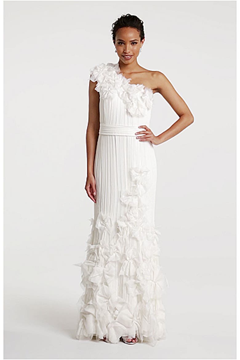 Rosette Appliqué One Shoulder Chiffon Gown, Alternate, color, IVORY