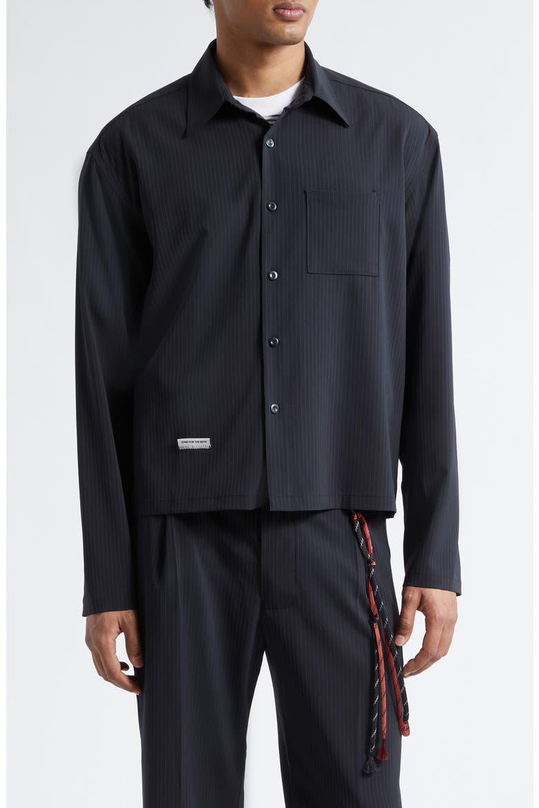 Casual Pinstripe Gabardine Crop Button-Up Shirt, Main, color, NAVY