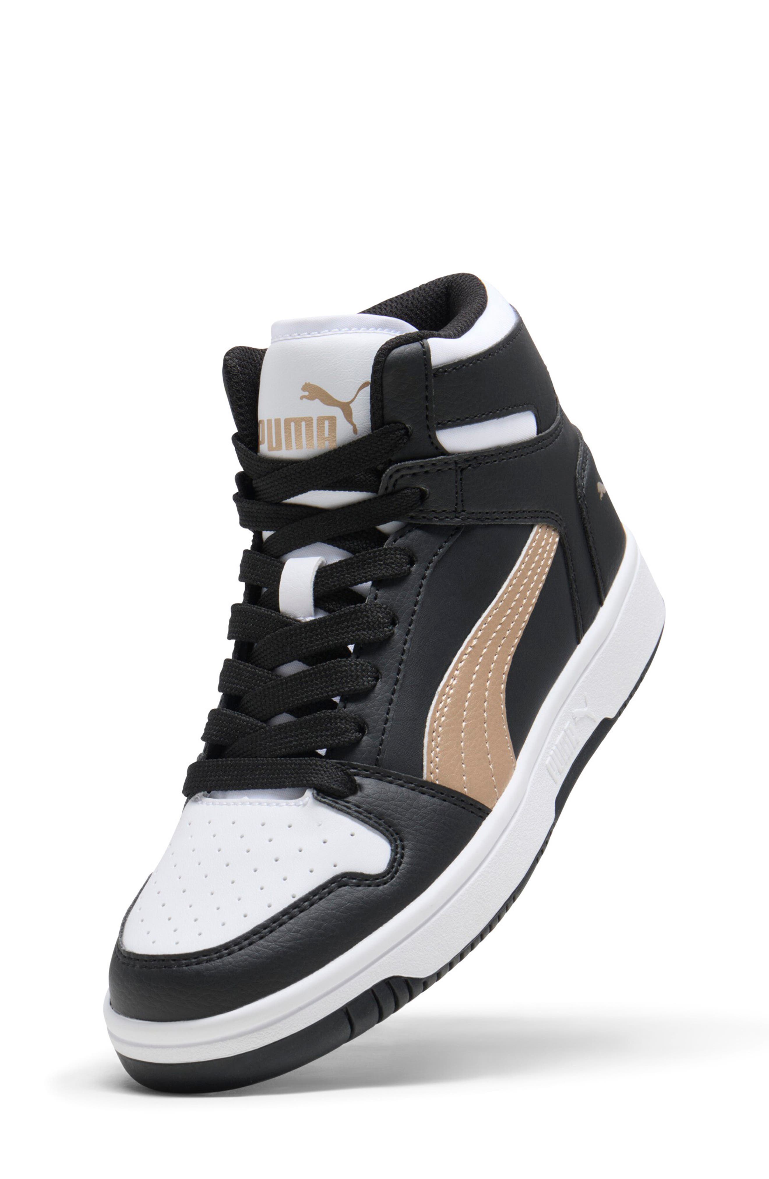 Kids' Rebound Layup High Top Sneaker, Alternate, color, PUMA BLACK-PUMA GOLD- WHITE