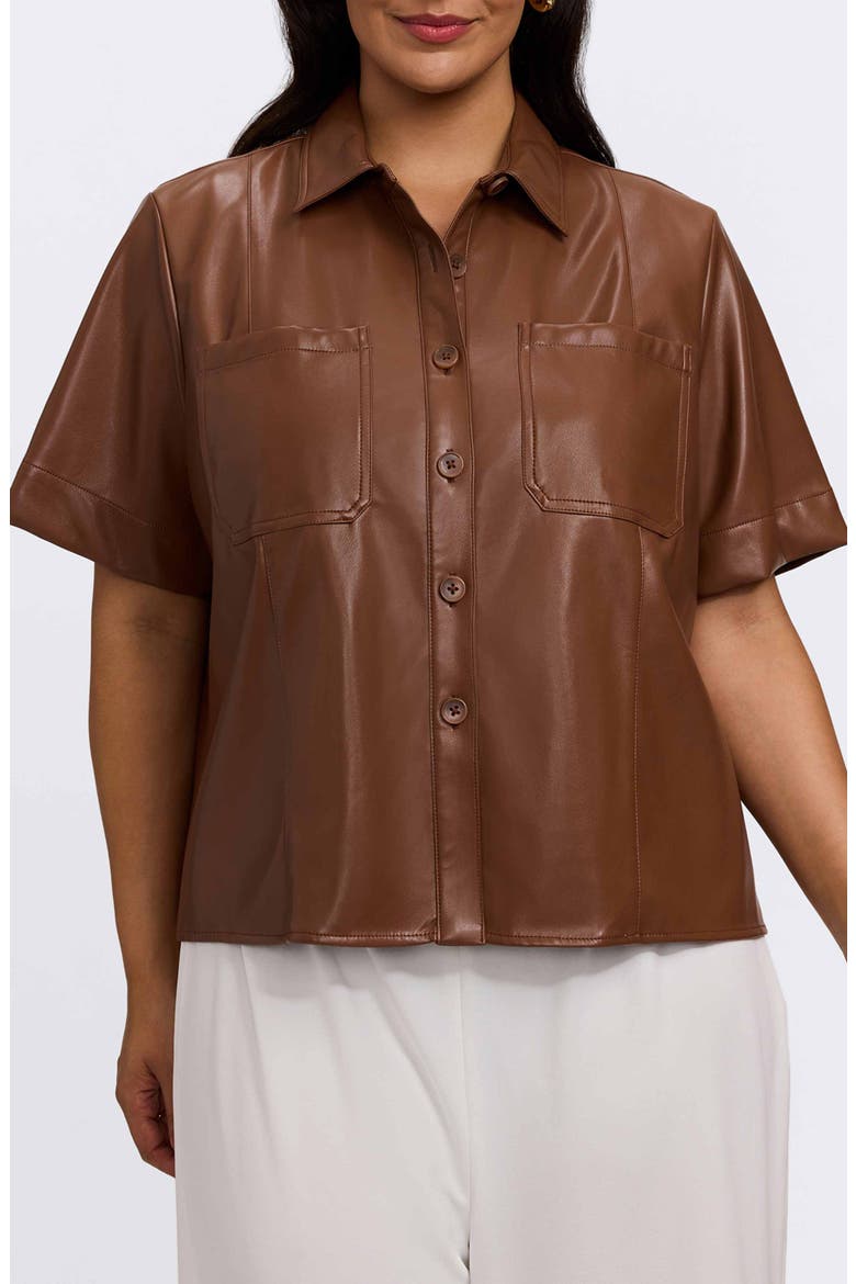 Demi Elbow Sleeve Faux Leather Button-Up Shirt, Main, color, MACCHIATO