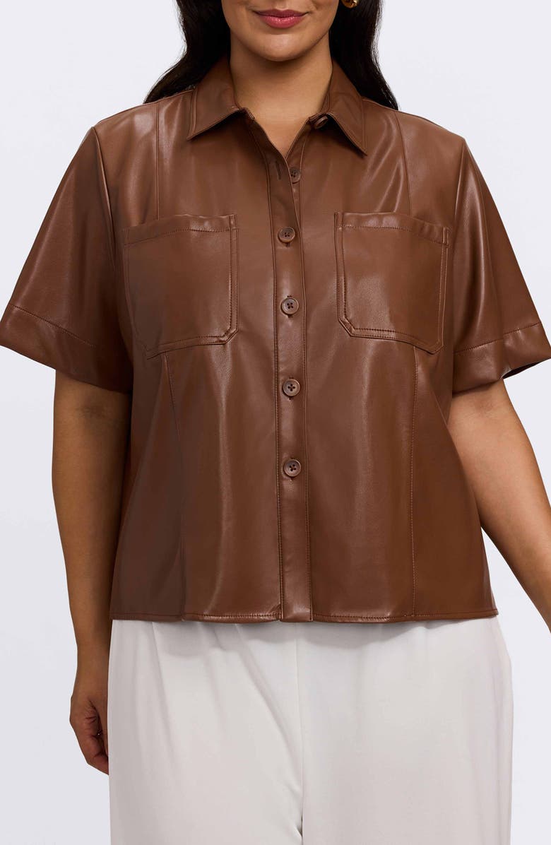 Foxcroft Demi Elbow Sleeve Faux Leather Button-Up Shirt, Main, color, Macchiato