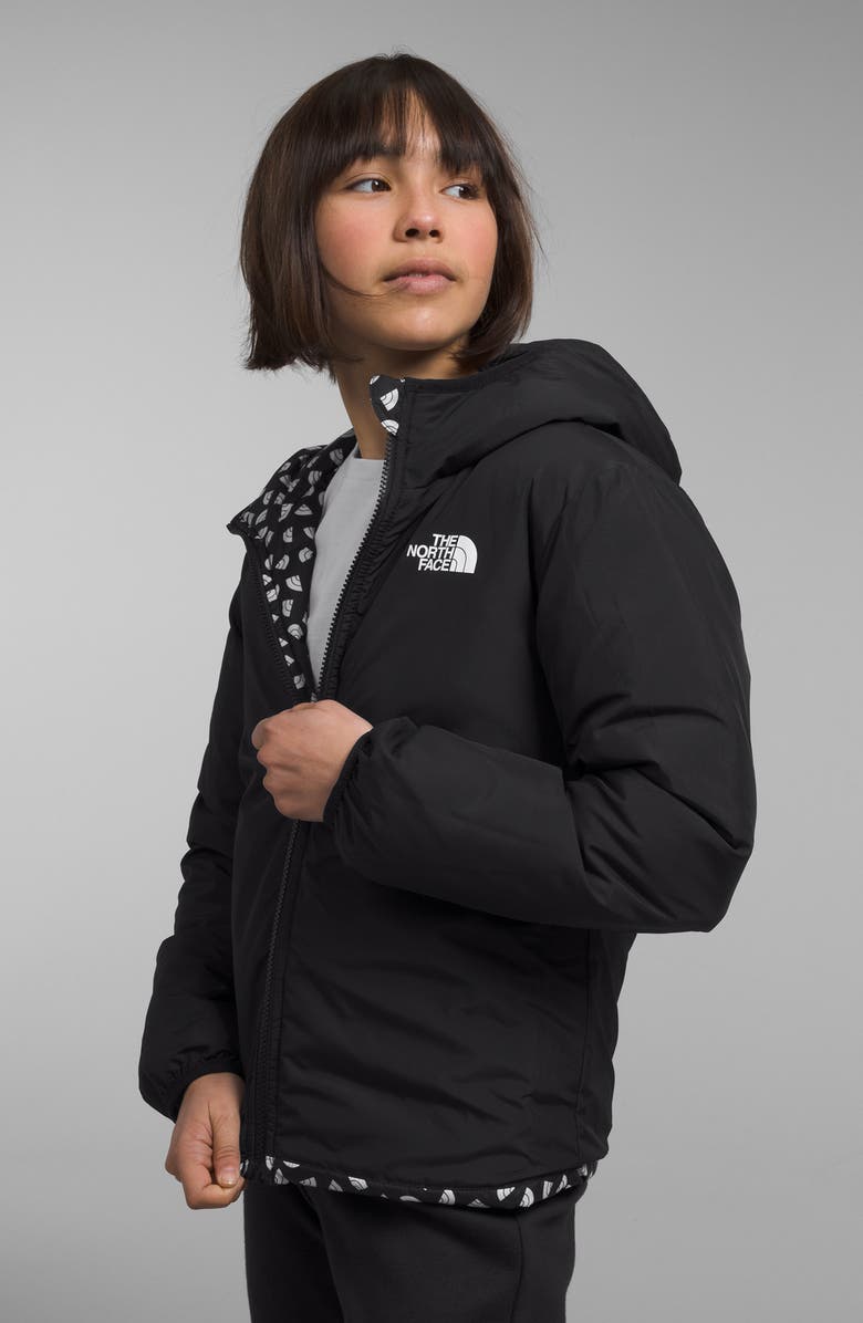 The North Face Kids' Reversible Hooded 600-Fill Power Down Jacket, Alternate, color, Tnf Black/ Tnf Mini Toss Print