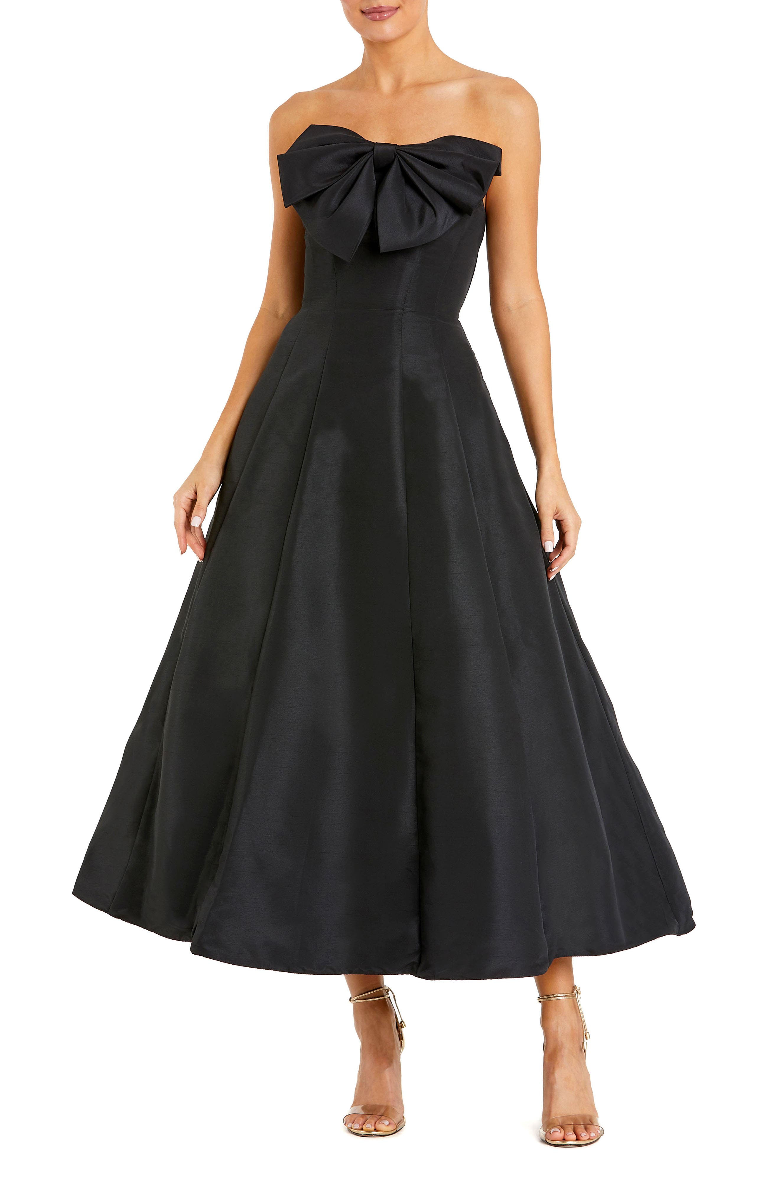 Women's Strapless A-Line Tea Length Statement Bow Dress