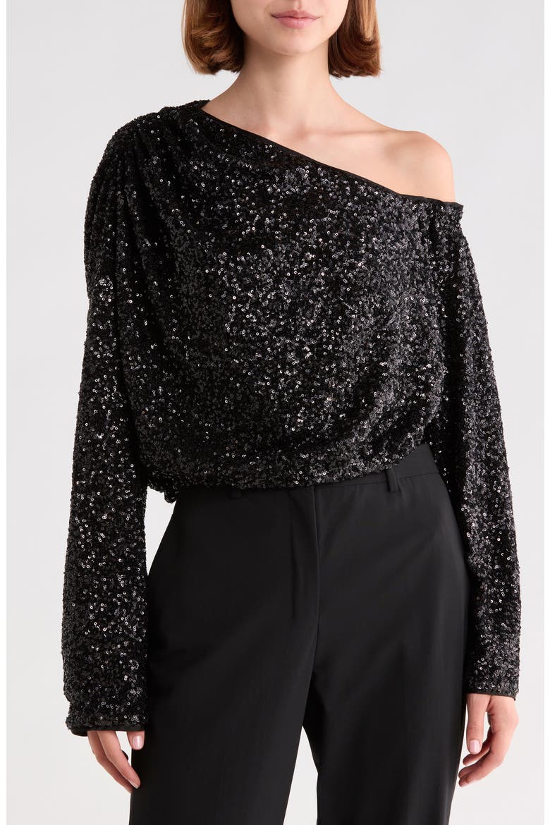 Belle Sequin One-Shoulder Top, Main, color, BLACK