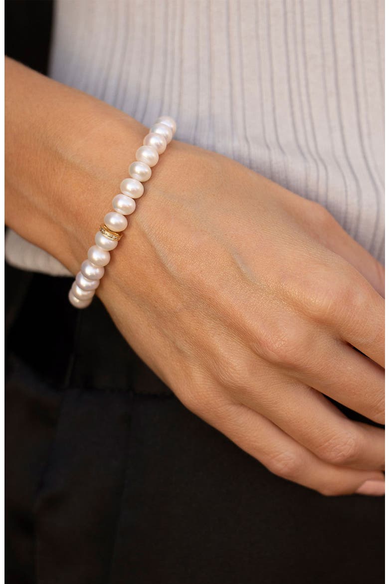 14K Pearl 8MM Bead Bracelet With Diamond Rondelle, Alternate, color, Pearl / Gold