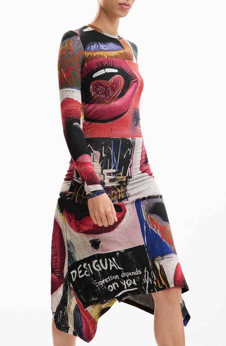 Desigual Printed Long Sleeve Dress, Alternate, color, Black