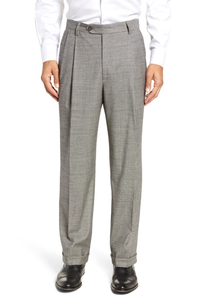 Touch Finish Pleated Houndstooth Classic Fit Stretch Wool Dress Pants, Main, color, BLACK/ WHITE