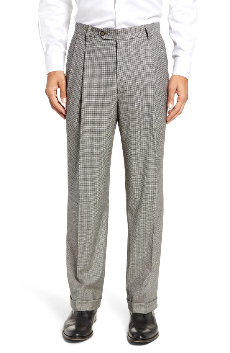 Berle Touch Finish Pleated Houndstooth Classic Fit Stretch Wool Dress Pants, Main, color, Black/ White