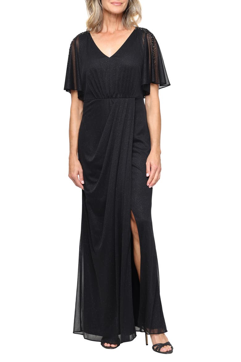 Draped Glitter Mesh Gown, Main, color, BLACK