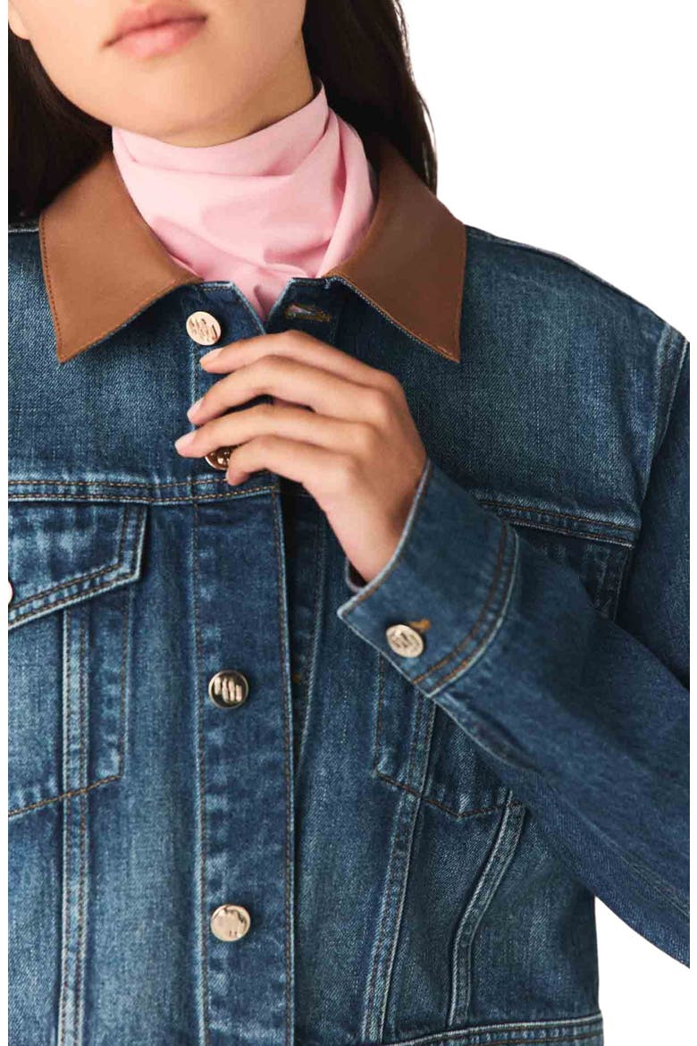 Denim jacket with leather collar, Alternate, color, Blue