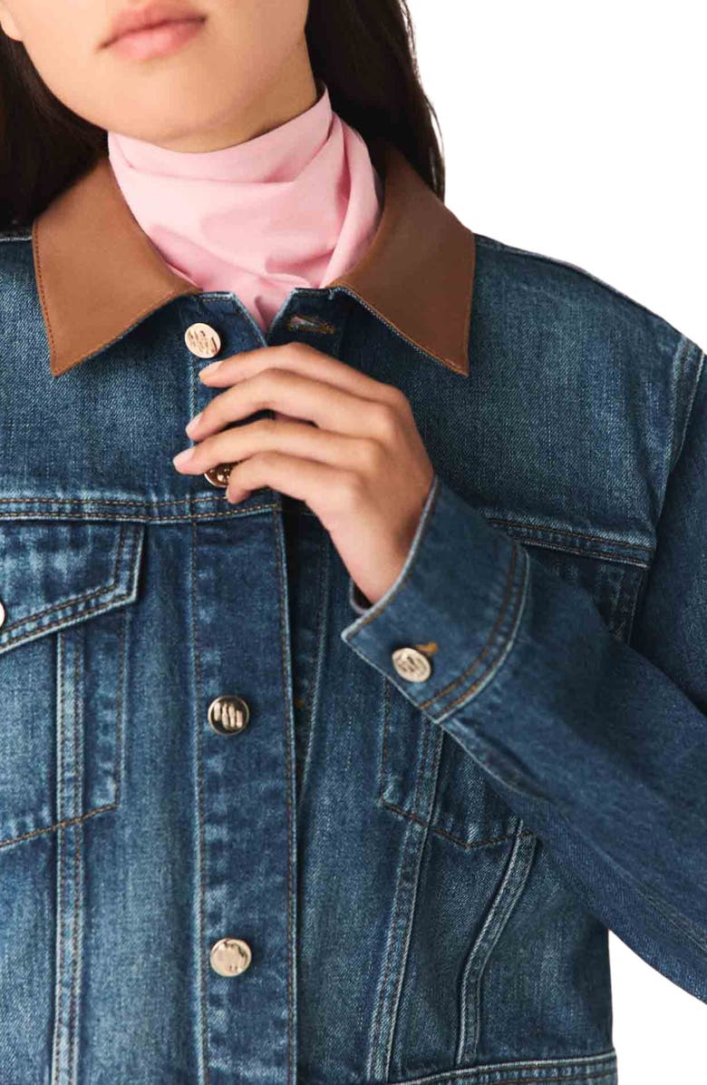 maje Denim jacket with leather collar, Alternate, color, Blue